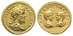 ROMAINES Septime Sévère, Caracalla et Geta. Auréus (7,26 g) au buste lauré de Septime Sévère, drapé de la peau de lion. R/ Bustes affrontés de Caracalla lauré, drapé et cuirassé et de Géta tête nue, l