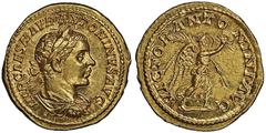 Roman Imperial Aureus, Rome, 218-219, AU 7.12 g. Avers : IMP CAES M AVR ANTONINVS AVG, buste lauré, drapé et cuirassé d'Elagabale à droite Revers : VICTOR ANTONINI AVG Victoire avançant à droite, cour
