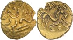 Celtic Coins Celtic Coins Northeast Gaul. Suessiones. Late 2nd to mid 1st century BC. AU Stater 6.19 g. Devolved laureate head of Apollo to right / Celticized horse galloping to right, horseman transf