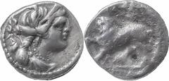 Celtic Coins GAUL, Massalia. Circa 150-125 BC. AR Drachm 2.65 g. Light Standard. Diademed and draped bust of Artemis right, bow and quiver over shoulder / Lion standing left, raising foreleg; to right