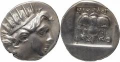 Greek Coins ISLANDS OFF CARIA, Rhodos. Rhodes. Circa 88-84 BC. AR Drachm 2.40 g, 'Plinthophoric' coinage, Maes, magistrate. Radiate head of Helios to right. Rev. P - O Rose with bud to left and right;