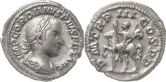 The Roman Empire Gordian III, AD 238-244. AR, Denarius 2.86. Rome. IMP GORDIANVS PIVS FEL AVG. Bust of Gordian III, laureate, draped, cuirassed, right. P M TR P III COS P P. Gordian III, in military a