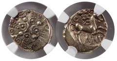 Celtic Coins Celtic Coins Britain, Catuvellauni. Andoco, 20-1BC. AU Plated stater (5.43 g). Ancient forgery. Wreaths/horse+bucranium. NGC Ch AU, Strike 4/5, Surface 3/5. core visible.