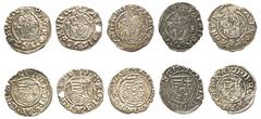 World Coins G to M Hungary, Ferdinand I (2), 1526-1564, Rudolph, 1576-1608 (3). Lot of 5 coins comprising Denar, 1552 KB, 0.30g (ÉH-745a); Denar, 1554 KB, 0.42g (ÉH-745a); Denar, 1584 KB, 0.46g (ÉH-81