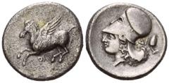 GRIECHISCHE MÜNZEN GRIECHENLAND, KORINTH / Stadt Korinth, AR Stater (375-300 v.Chr.). Pegasos l., Beiz.Koppa. Rs.Athenakopf mit korinth. Helm l., dah. Pinienzapfen. 8,11g. f.ss/f.vz Ravel 1070; Calc.4