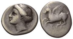 GRIECHISCHE MÜNZEN GRIECHENLAND, KORINTH / Stadt Korinth, AR Drachme (320-280 v.Chr.). Pegasos l., Beiz.Koppa. Rs.Aphroditekopf l., dahinter Kranz. 2,4g. f.ss BMC Corinth 70