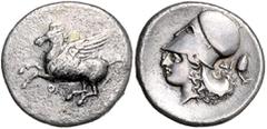 GRIECHISCHE MÜNZEN GRIECHENLAND, KORINTH / Stadt Korinth, AR Stater (375-300 v.Chr.). Pegasos l., Beiz.Koppa. Rs.Athenakopf mit korinthischem Helm l., dah. Pinienzapfen. 8,11g. f.ss/f.vz Ravel 1070; C