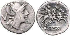 RÖMISCHE MÜNZEN RÖMISCHE REPUBLIK, Anonyme Ausgaben, 211-208 v.Chr., AR Quinar (nach 211 v.Chr.), Rom. Behelmter Romakopf r., dah. Wertzeichen V. Rs.Dioskuren zu Pferd r., darunter Roma. 1,86g. ss Alb