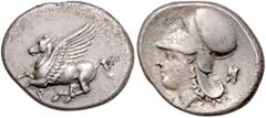 GRIECHISCHE MÜNZEN GRIECHENLAND, KORINTH / Stadt Korinth, AR Stater (350-338 v.Chr.). Pegasos l. Rs.Athenakopf mit korinth. Helm l., [A] unter dem Kinn, Astragalos r. 8,42g. l.dez., ss BMC 12.22.222; 