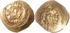 BYZANTINISCHE MÜNZEN BYZANTINISCHES REICH, Andronicus II. und III., 1325-1334, AV Hyperpyron, Konstantinopel. Büste der Jungfrau Maria vor Stadtmauern. Rs.Andronicus und Michael knien seitlich von Chr