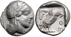 GRIECHISCHE MÜNZEN GRIECHENLAND, ATTIKA / Stadt Athen, AR Tetradrachme (449-413 v.Chr.). Kopf der Athena r. Rs.Eule mit Olivenzweig und Mondsichel im quadratum incusum. 16,99g. ss-vz Sear 2526, BMC 11