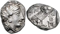GRIECHISCHE MÜNZEN GRIECHENLAND, ATTIKA / Stadt Athen, AR Tetradrachme (393-300 v.Chr.). Kopf der Athena. Rs.Eule mit Olivenzweig und Mondsichel im quadratum incusum. 17,12g. ss-vz Sear 2537