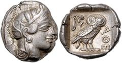 GRIECHISCHE MÜNZEN GRIECHENLAND, ATTIKA, Stadt Athen, AR Tetradrachme (ca. 479-393 v.Chr.). Kopf der Athena r. Rs.Eule mit Olivenzweig und Mondsichel r. stehend, im quadratum incusum. 17,24g. Sr., vz 