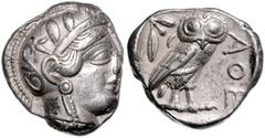 GRIECHISCHE MÜNZEN GRIECHENLAND, ATTIKA, Stadt Athen, AR Tetradrachme (430-322 v.Chr.). Kopf der Athena r. Rs.Eule mit Olivenzweig und Mondsichel r. stehend, im quadratum incusum. 24,5mm; 17,16g; 9h. 