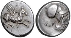 GRIECHISCHE MÜNZEN GRIECHENLAND, KORINTH, Stadt Korinth, AR Stater (400-350 v.Chr.). Pegasos r. Rs. Athenakopf r., Beiz.Peitsche(?). 8,48g. Vs.Ggst., Rs.l.dez., ss-vz Sear 2626 Var.; SNG Cop.105 Var.