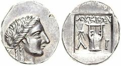 KLEINASIEN, LYKIEN / Stadt Limyra AR Drachme (168-43 v.Chr.)der Lykischen Liga. Apollonkopf r. Rs. Kithara zwischen L-!, darüber LYKIWN, i.F.l.Blitzbündel. 2,89g. BMC 19.60.1. vz