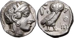 GRIECHENLAND, ATTIKA / Stadt Athen AR Tetradrachme (479-393 v.Chr.). Kopf der Athena r. Rs.Eule mit Olivenzweig und Mondsichel r. stehend, im quadratum incusum. 17,17g. SNG Cop.36. f.vz