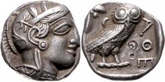 GRIECHENLAND, ATTIKA / Stadt Athen, AR Tetradrachme (5. Jh.v.Chr.). Kopf der Athena. Rs.Eule mit Olivenzweig undMondsichel im quadratum incusum. Sear 2521. ss