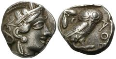GRIECHENLAND, ATTIKA / Stadt Athen, AR Tetradrachme (5. Jh.v.Chr.). Kopf der Athena. Rs.Eule mit Olivenzweig undMondsichel im quadratum incusum. Sear 2521. ss