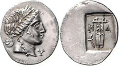 KLEINASIEN, LYKIEN / Stadt Masikytes, AR Hemidrachme (40-20 v.Chr.). Belorb.Kopf des Apollon r. Rs.Lyra im Quadratum Incusum, Beizeichen Fackel. 1,85g. Troxell 99, vz+