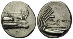 KLEINASIEN, LYKIEN / Stadt Phaselis, AR Stater (3.Jh.v.Chr.). Schiffsvorderteil mit Aufbau. Rs.Schiffsheck. Darüber Magistratenname DIOSKOYRI(...)/PHASH. 10,18g. Offenbar unpubliziert. SNG Aulock-, se