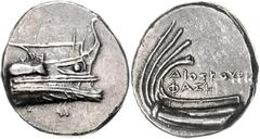 KLEINASIEN, LYKIEN / Stadt Phaselis, AR Stater (3.Jh.v.Chr.). Schiffsvorderteil mit Aufbau. Rs.Schiffsheck. Darüber Magistratenname DIOSKOYRI(..)/PHASH. 10,18g. Offenbar unpubliziert. SNG Aulock-. f.v