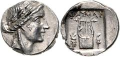 KLEINASIEN, LYKIEN / Stadt Phaselis, AR Drachme (nach 168 v.Chr.). Belorb. Kopf des Apollo r. Rs.Lyra zw. Blitz und Fackel. 2,97g. Sear 5340, BMC 19.81.17. vz.