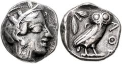 GREEK COINS GRIECHENLAND, ATTIKA / Stadt Athen, AR Tetradrachme (460-455 v.Chr.). Kopf der Athena. Rs.Eule mit Olivenzweig u. Mondsichel im quadratum incusum. 16,78g. Sear 2520, s-