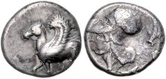GREEK COINS GRIECHENLAND, KORINTH / Stadt Korinth, AR Stater (400-350 v.Chr.). Pegasos l. Rs.Athenakopf mit korinth. Helm l., r. Delfin. 8,36g. Sear 2628, var., BMC 12.16.162ff,