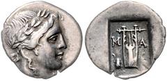 GREEK COINS KLEINASIEN, LYKIEN / Stadt Masikytes, AR Hemidrachme (48-42 v.Chr.) der Lykischen Liga (168-43 v.Chr.). Belorb. Kopf des Apollo r. Rs.Lyra im quadratum incusum, i.F.Hut. 1,78g. Sear 5295, 