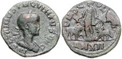 ROMAN COINS RÖMISCHES REICH, Hostilian, 251, AE 26, AN XII =250, Moesia Superior, Stadt Viminacium. Belorb. Büste r. Rs.Moesia zwischen Stier und Löwe. In dem Jahr ist Hostilian eigentlich noch Caesar