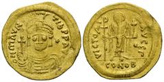 BYZANTINE COINS BYZANTINISCHES REICH, Mauricius Tiberius, 582-602, AV Solidus CONOB = Konstantinopel. Beh. Büste von vorn mit Kreuzglobus und Schild, i.F. Stern. Rs.Engel mit Christogrammkreuz und Kre