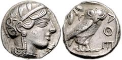 GREEK COINS GRIECHENLAND, ATTIKA / Stadt Athen, AR Tetradrachme (nach 449 v.Chr.). Kopf der Athena. Rs.Eule mit Olivenzweig und Mondsichel im quadratum incusum.16,85g. Gegenstempel auf der Wange. Sear