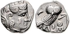 GREEK COINS ARABIEN, SABAEANER, AR Drachme (200-150 v.Chr.). Beischlag zu einer Ausgabe der Stadt Athen. Athenakopf mit attischem Helm r., auf der Wange sabäischer Buchstabe "n". Rs.Eule r. und Mondsi