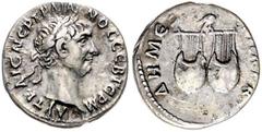 ROMAN COINS RÖMISCHES REICH, Trajan, 98-117, AR Drachme (98/99), Lykien. Belorb. Brb r. Rs.Zwei Lyren, darüber Eule. 3,26g. BMC 19.39.9ff., ss-vz