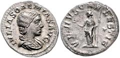 ROMAN COINS RÖMISCHES REICH, Julia Soaemias, Mutter des Elagabal, +222, AR Denar, Rom. Drap. Büste r. Rs.Venus mit Apfel und Zepter, Stern r. i.F. 2,97g. Seaby 8, RIC 241, ss/vz