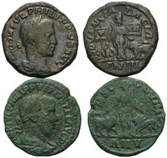 ROMAN COINS RÖMISCHES REICH, Philipp I., 244-249, AE 27, AN III =248, Dakien. Belorb. Büste r. Rs.Dacia mit zwei Standarten zwischen Adler und Löwe (ss). DAZU: AE 28, AN V =244, Moesia Superior, Stadt