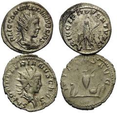 ROMAN COINS RÖMISCHES REICH, Valerian II. als Caesar, 256-258, AR Antoninian, Rom. Büste r. mit Strahlenkrone. Rs.Prinz l. mit Stab und Zepter (vz). DAZU: SALONINUS. AR Ant. Rs.Priestergeräte (ss)., 2