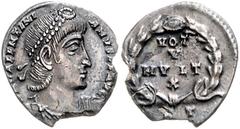 ROMAN COINS RÖMISCHES REICH, Jovian, 363-364, AR Siliqua (364-367), Rom. Diad. und drap. Büste r. Rs.VOT V MVLT X im Kranz. 1,98g. Kampm.155.36, Rd.ausbr., sonst f.vz