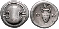 GREEK COINS GRIECHENLAND, BOEOTIEN / Stadt Thebes (Theben), AR Stater (379-338 v.Chr.). Boeotischer Schild. Rs.Amphora, zwischen AP-OL. 11,85g. BMC 8.81.115, min.Sf.,