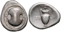 GREEK COINS GRIECHENLAND, BOEOTIEN / Stadt Thebes (Theben), AR Stater (379-338 v.Chr.). Boeotischer Schild. Rs.Amphora, darum BO-IW, darüber Keule und Traube. 11,86g. SNG Cop.169,