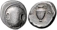 GREEK COINS GRIECHENLAND, BOEOTIEN / Stadt Thebes (Theben), AR Stater (395-338 v.Chr.). Boeotischer Schild. Rs.Volutenkrater, zwischen KA-BI. 12,07g. BMC 150, SNG.Cop.339, BCD 539, ss+