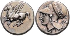 GREEK COINS GRIECHENLAND, KORINTH / Stadt Korinth, AR Stater (338-300 v.Chr.). Pegasos l. Rs.Athenakopf mit korinth. Helm l., Beiz. Pflug. 8,96g. BMC 12.26.250, SNG Cop.69, schöne Patina, ss-vz