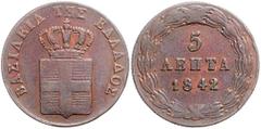 WORLD COINS GRIECHENLAND, Otto, 1832-1862, 5 Lepta 1842, Athen. 6g. KM 16,