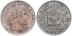 WORLD COINS GRIECHENLAND, Otto, 1832-1862, 1/2 Drachme 1842, Athen. Probeprägung in Silber mit Stempelschneidersignatur X. Geriffelter Rand. 2,24g. Divo P36, sehr selten, Patina, vz