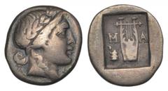 GREEK COINS KLEINASIEN, LYKIEN / Stadt Masikytes, AR Hemidrachme (48-23 v.Chr.), Lykische Liga. Belorb. Apollokopf r. Rs.Lyra in Quadratum Incusum, Bz. Ophalos mit Schlange. 1,48g. BMC 19.63.4, vgl.Tr