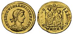ROMAN COINS RÖMISCHES REICH, Valentinian II., 375-392, AV Solidus 378-383, Trier. Büste mit Perldiadem r. Rs.Zwei Kaiser thronen frontal mit Globus, darüber Victoria. 4,22g. RIC 49, GOLD, Rs.prägeschw