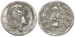 GREEK COINS GRIECHENLAND, ATTIKA / Stadt Athen, AR Tetradrachme (2.Jh.v.Chr.) Neuer Stil. Athenakopf mit attischem Helm r. Rs.Eule auf geneigter Amphora, i.F. Monogramm. 16,48g. Thompson 61 ss-vz
