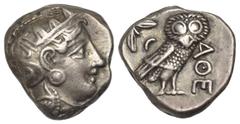 GREEK COINS GRIECHENLAND, ATTIKA / Stadt Athen, AR Tetradrachme (380-250 v.Chr.). Kopf der Athena. Rs.Eule mit Olivenzweig und Mondsichel im quadratum incusum. 17,14g. Sear 2526 ss+