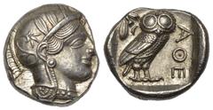 GREEK COINS GRIECHENLAND, ATTIKA / Stadt Athen, AR Tetradrachme (449-404 v.Chr.). Kopf der Athena r. Rs.Eule mit Olivenzweig und Mondsichel im quadratum incusum. 17,21g. Kroll 8; HGC 4,1497 vz